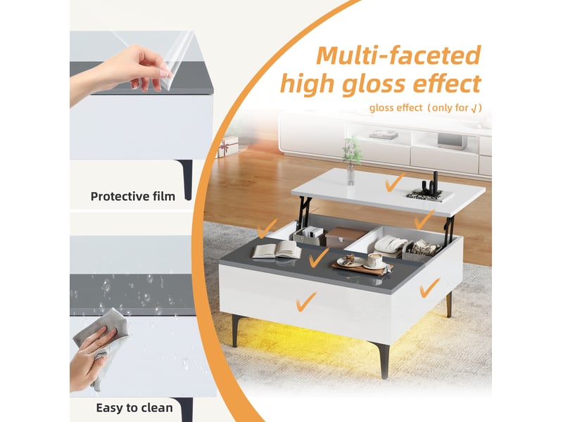  Table basse relevable avec 1 tiroir, niches de rangement et led pour salon, en mdf, style moderne, 70 × 70 × 35 cm  - Conforama E