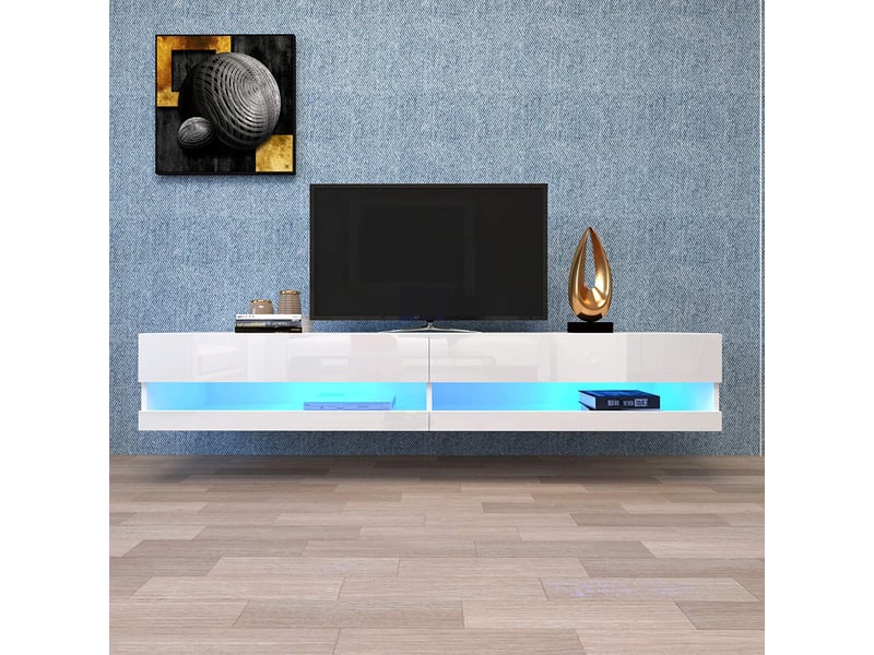  Meuble tv bas 140x40x30,5cm a led blanc, meuble tele de haute qualité avec d'espace de rangement pour votre salon avec éclairage led  - Conforama B