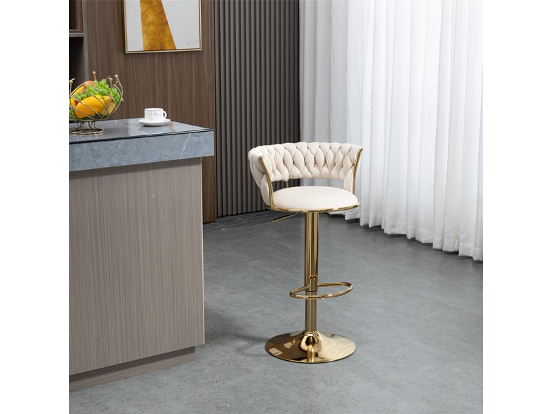  Tabouret de bar pivotant réglable en hauteur avec dossier ajouré et base dorée en velours ivoire  - Conforama C