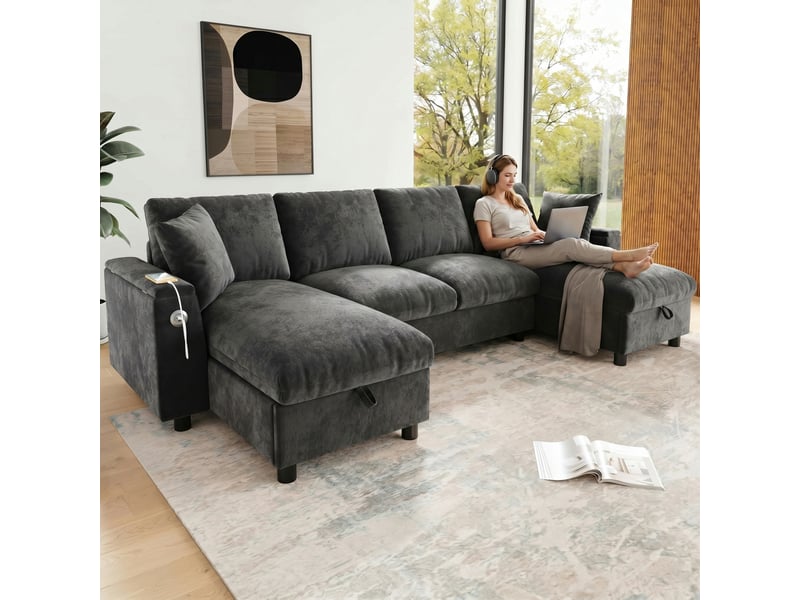  Canapé d'angle panoramique en u, canapé en chenille gris avec coffre de rangement, ports usb et type-c intégrés pour salon moderne, 279cm  - Conforama D
