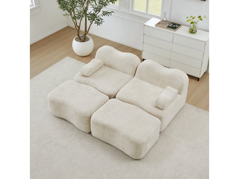Canapé modulaire 2 places avec assise profonde et poufs, en velours beige - Conforama C