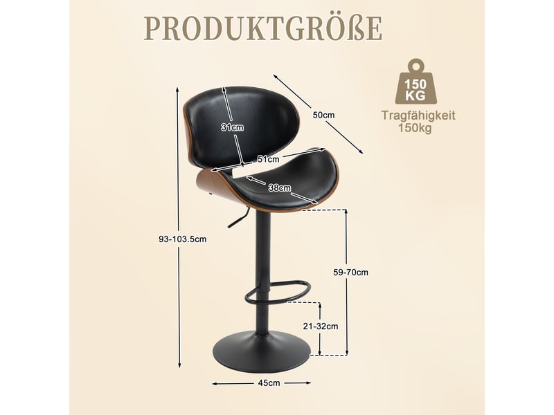  Lot de 2 tabourets de bar réglable 51 x 50 x 93-103,5 cm -  bois courbé avec siège pivotant en cuir pu et métal - noir  - Conforama C