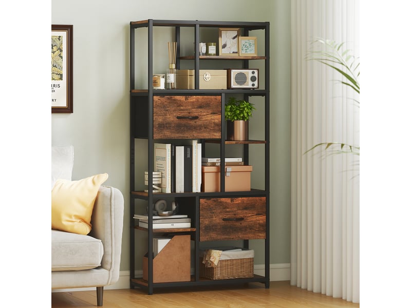  Étagère de rangement, 2 tiroirs en tissu, 9 compartiments ouverts, étagère autoportante avec structure en acier, marron et noir  - Conforama C