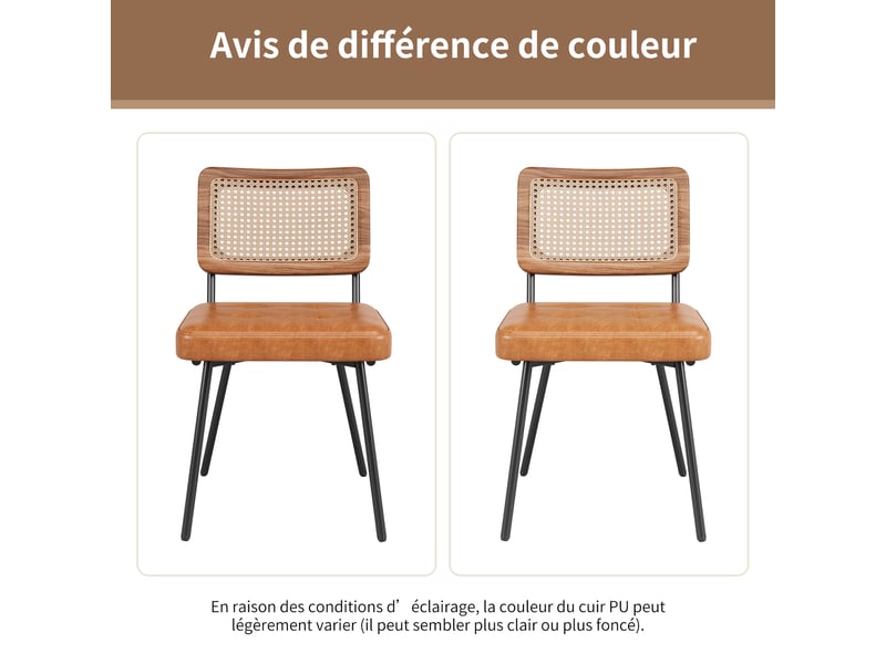 Chaise de salle à manger ergonomique avec pieds réglables  - dossier en rotin pe, pu marron 61 × 46 × 79 cm  - Conforama E