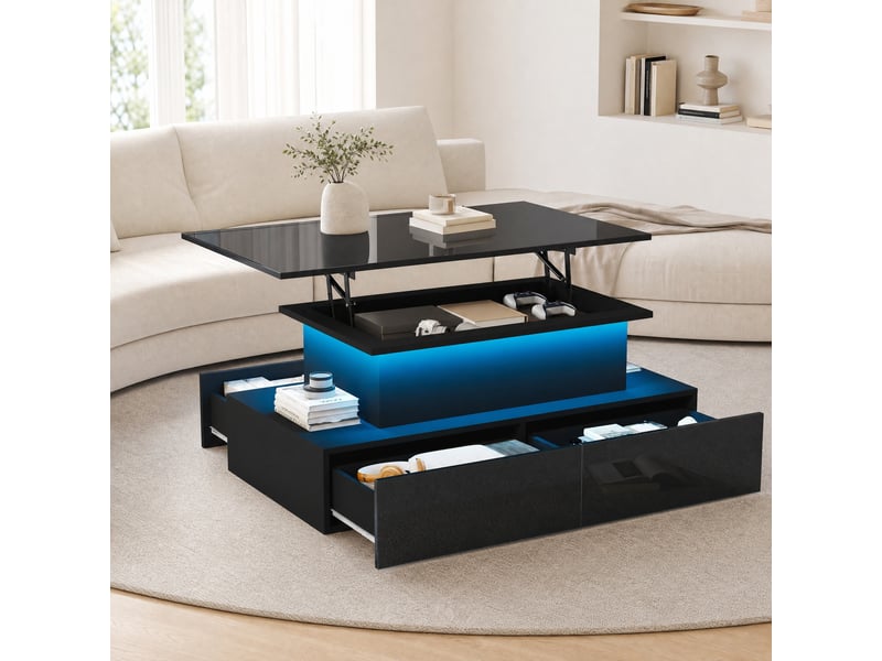  Table basse noire brillante avec éclairage led et 4 tiroirs  - Conforama D
