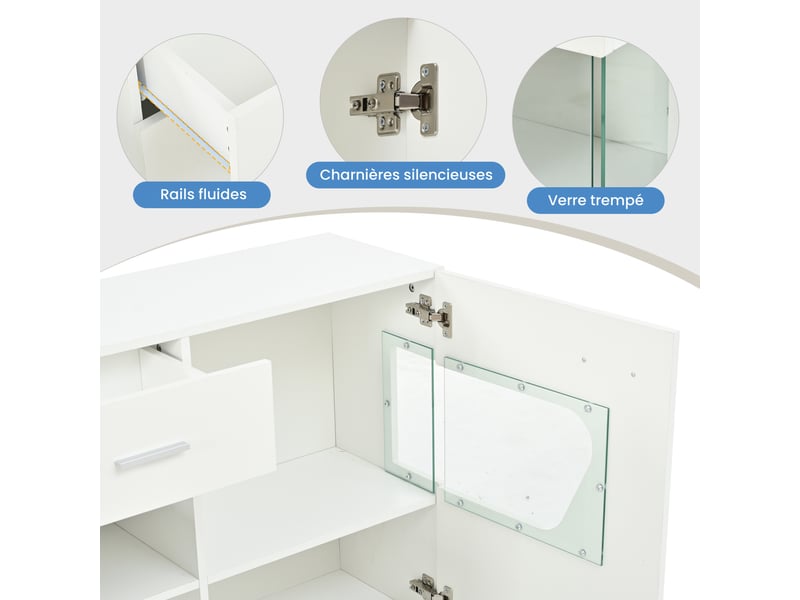 Buffet bas 140x33x70 cm avec led via appli, 3 portes, 1 tiroir, 8 rangements, verre trempé, façade blanc brillant, meuble salon et séjour - Conforama E