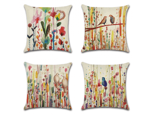 Lot de 4 housse de coussin - 45 x 45 cm, lot de 4 housses de coussin en lin, décorations fleur oiseau de vie pour canapé, jardin extérieur, lit, canapé, voiture, blanc