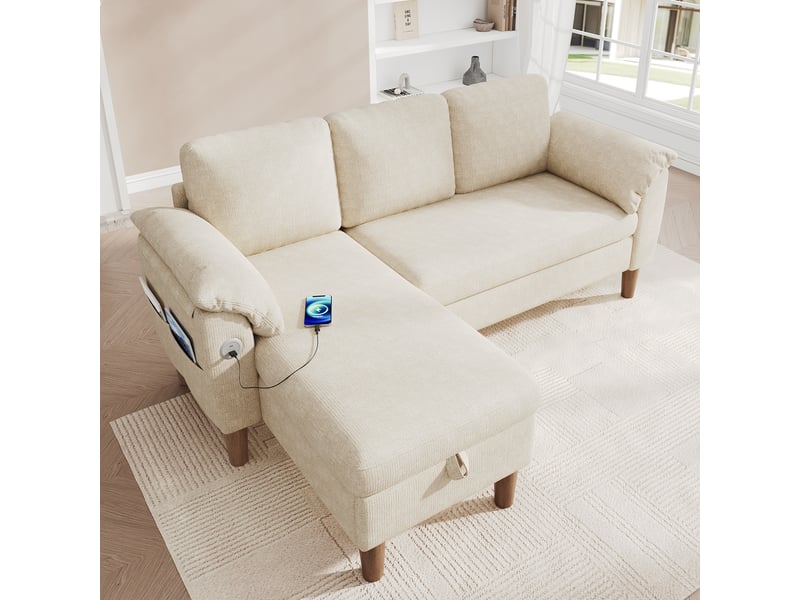 Canapé d'angle 3 places avec méridienne coffre, réversible gauchedroite, tissu chenille beige, ports usbtype-c, pour salon et appartement - Conforama B