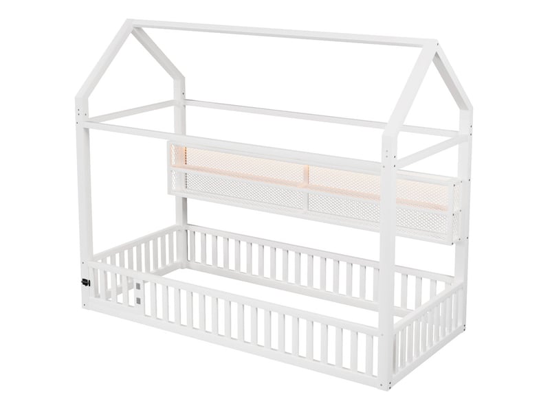 Lit cabane en métal 90x200 cm - motif maison - avec barrière de sécurité - avec lumières led - blanc (matelas non inclus) - Conforama R