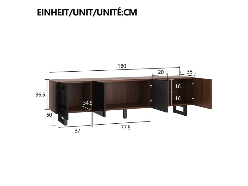  Meuble tv 4 portes, design vintage veinage bois, façades noir brillant, naturel et noir, 180 x 38 x 50 cm  - Conforama C