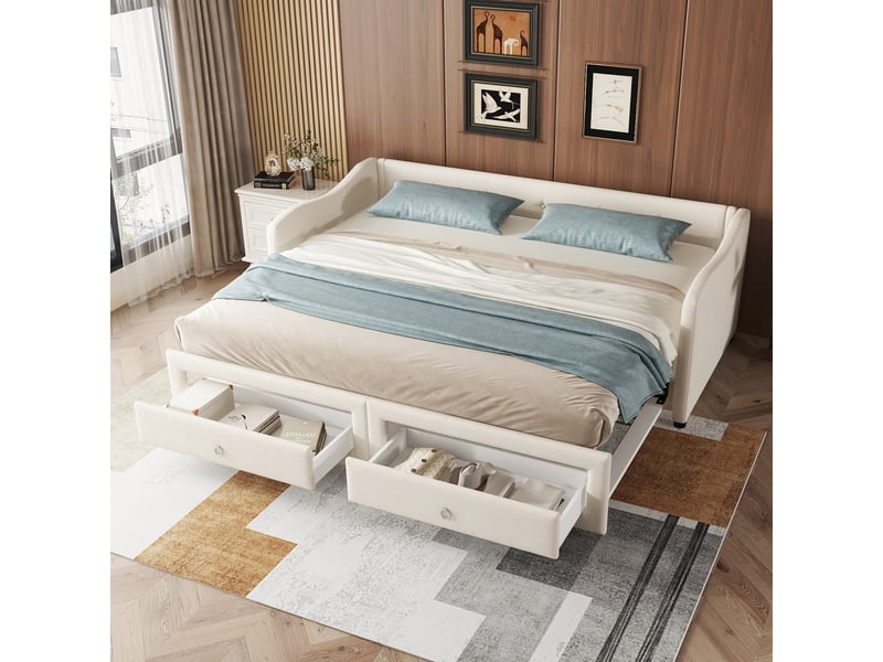  Lit jeune 90x200 cm avec 2 tiroirs et dossier incurvé, lin, beige, sans matelas  - Conforama W