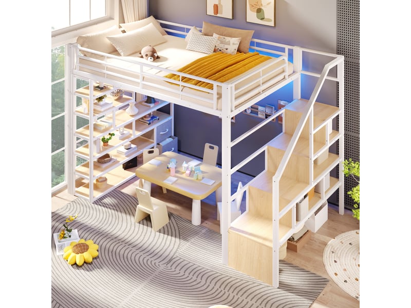 Lit mezzanine, 140 × 200 cm, blanc, mdf et métal, tiroirs, rangements, garde-corps, échelle, espace ouvert dessous, led via app - Conforama E