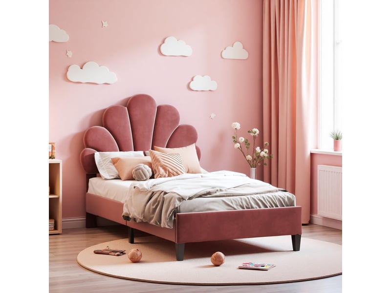  Lit enfant 90x200 cm cadre rembourré en velours, tête de lit design pétale, pieds métalliques dorés, structure stable charge 150kg  - Conforama B