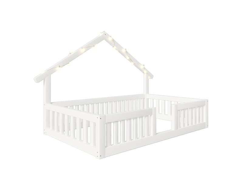  Lit cabane 90x200 enfant bois blanc - lit au sol avec barrière et guirlande led  - Conforama R