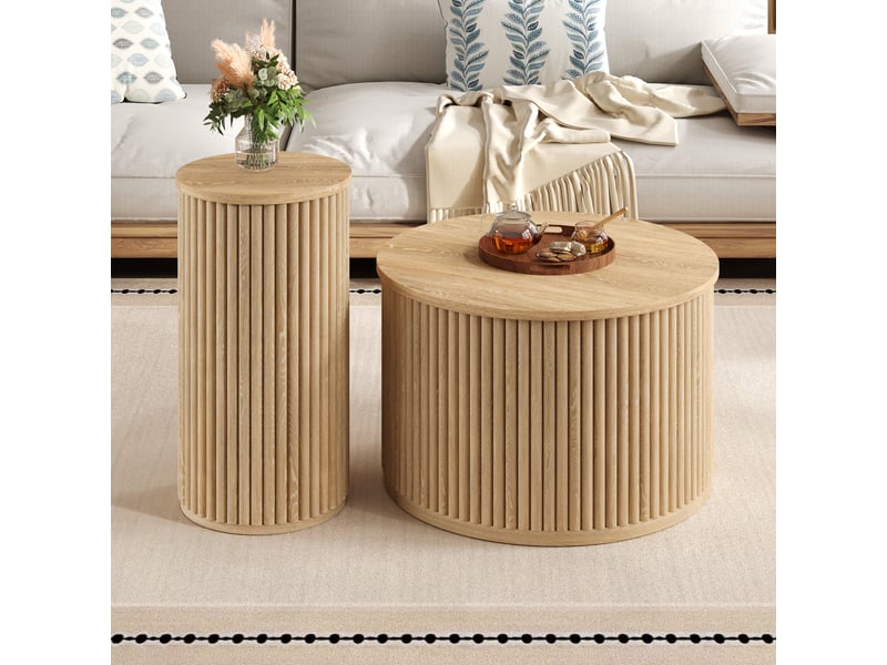  Table basse ronde double ensemble table basse bois nature mdf avec rayures 3d pour salon  - Conforama C