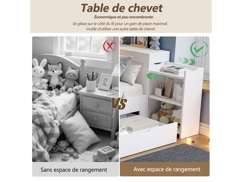  Lit double 140x190, lit 2 personnes enfant multifonction, rangements tiroirs et étagères, adapté aux adolescents, structure solide blanc  - Conforama R
