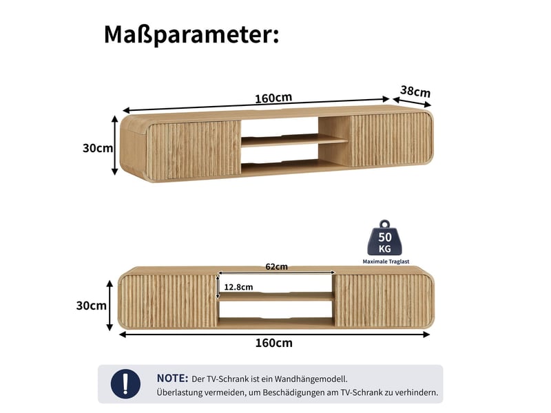  Meuble tv 160 cm compartiments ouverts meuble de salon fixation murale rangement suspendu finition naturelle  - Conforama C