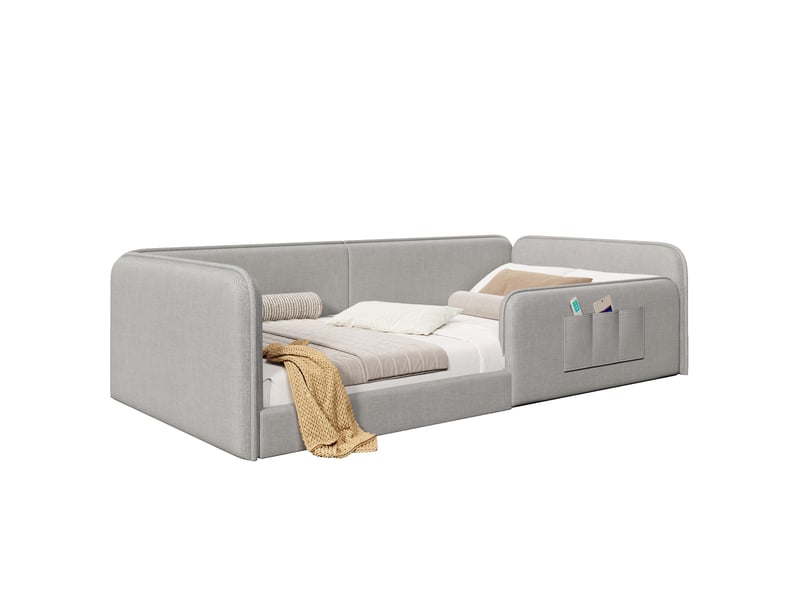  Lit plateforme 90x200 en lin gris - cadre bas sécurisé avec poches de rangement  - Conforama A