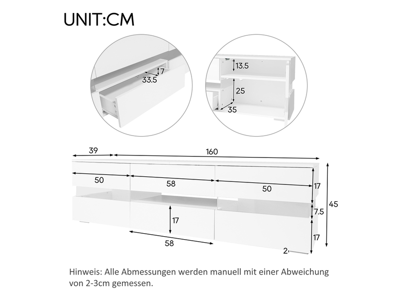  Meuble tv blanc 160 × 39 × 45 cm, led, 2 portes, 1 tiroir, niche ouverte  - Conforama C