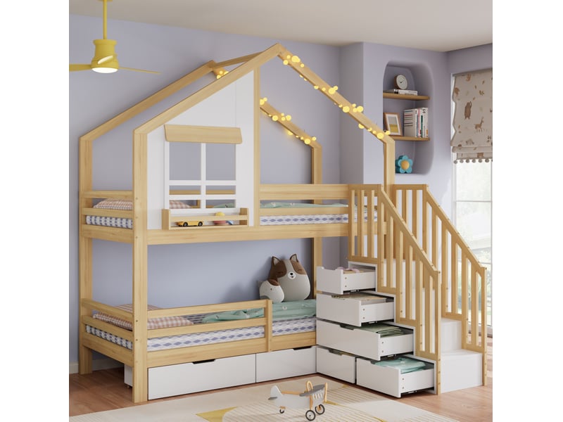  Lit superposé enfant 90x200 cm avec escalier de rangement et tiroirs, blanc naturel  - Conforama D