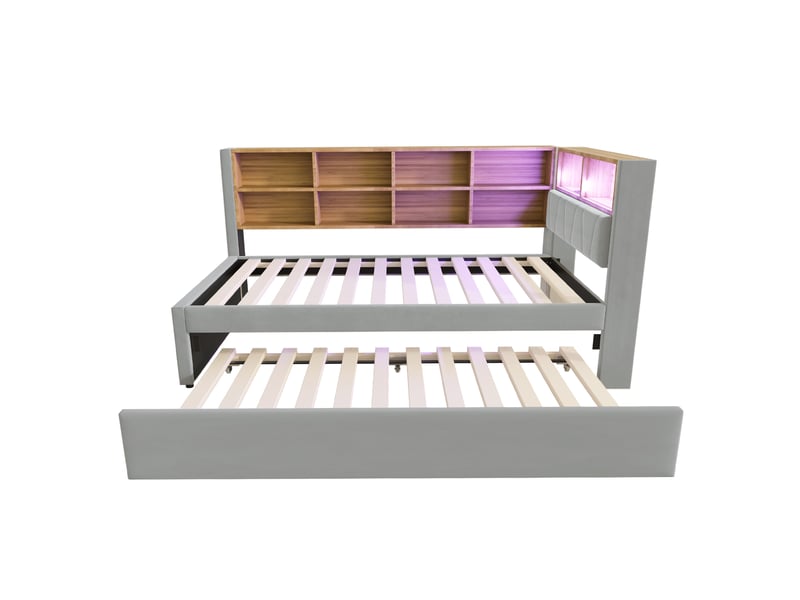  Lit banquette gigogne 90x200 cm en flanelle gris clair, led, prises et rangements, couchage 90x190 cm  - Conforama E
