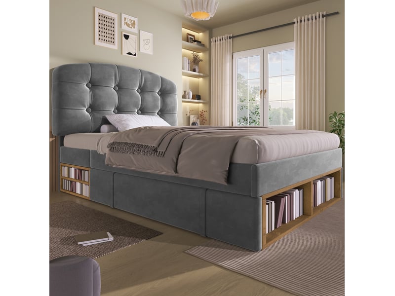  Modenvie lit simple capitonné 90x200 cm - tête de lit réglable, rangements intégrés, sans matelas - gris  - Conforama D