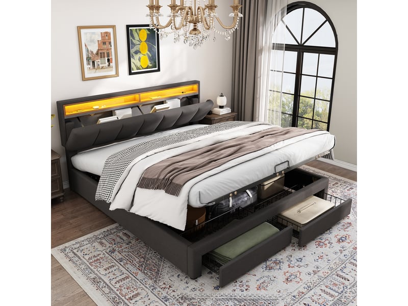  Lit coffre 160x200cm, tête de lit de rangement, 2 tiroirs, éclairage led, design moderne, sans matelas, lin, gris foncé  - Conforama B