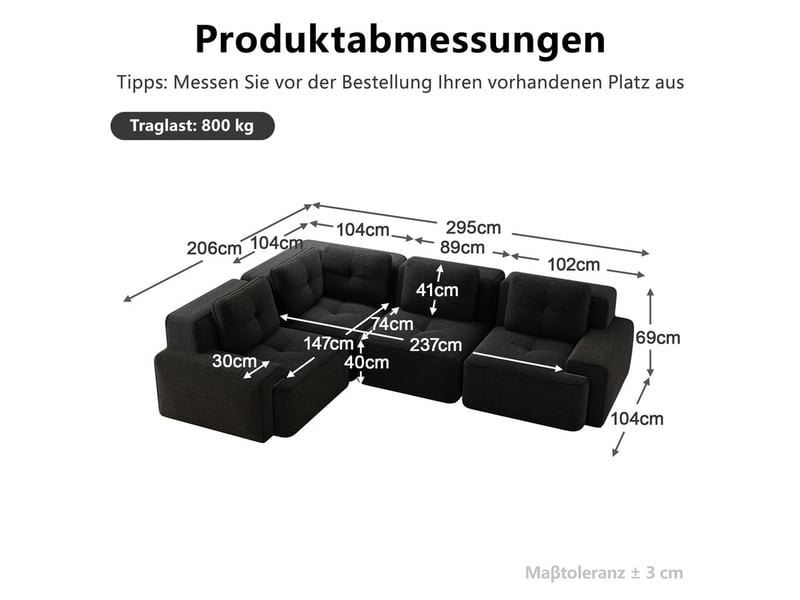  Canapé d'angle modulaire,4 places, sans structure rigide, velours ,295x206x 69 cm, noir  - Conforama C