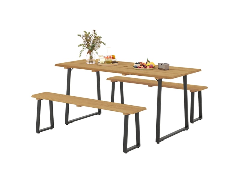  Salon de jardin avec 1 table et 2 bancs  - trou de parasol - acier et bois de sapin - bois naturel  - Conforama A