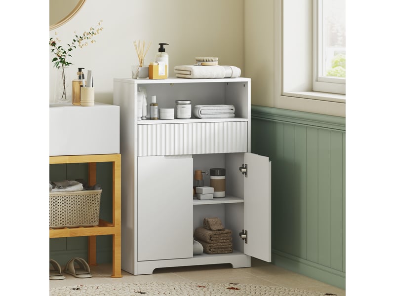  Meuble de salle de bain blanc, façade rainurée, étagère réglable, 60 x 30 x 91,5 cm  - Conforama E