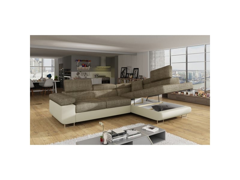 Canapé d'angle convertible menton beige bouclé – 4 places avec coffre et têtières - Conforama B