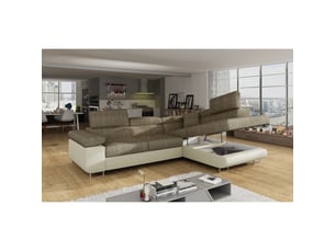 Canapé d'angle convertible menton beige bouclé – 4 places avec coffre et têtières
