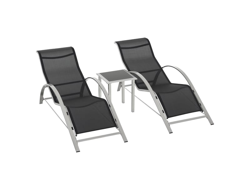  Ensemble de 2 chaises longues de jardin et table en verre, chaise longue en tissu respirant, 59 x 169 x 66 cm, noir et gris  - Conforama A