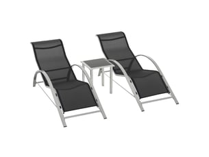 Ensemble de 2 chaises longues de jardin et table en verre, chaise longue en tissu respirant, 59 x 169 x 66 cm, noir et gris