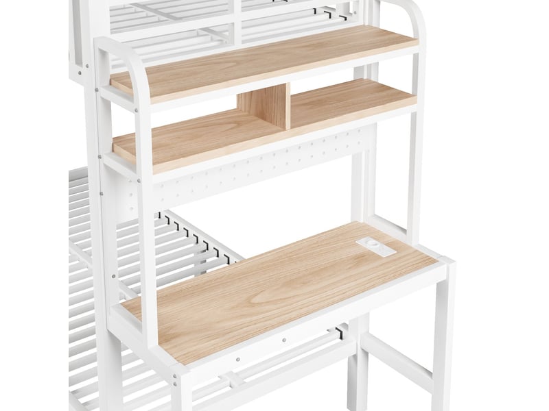 Lit superposé 90 x 200 cm cadre en fer compartiment de rangement bureau intégré éclairage led port usb barrière de sécurité échelle blanc - Conforama D