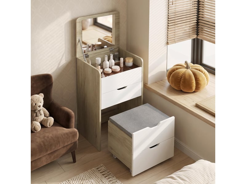  Station de maquillage 3 en 1 avec miroir pliant et tabouret, chêne blanc  - Conforama C