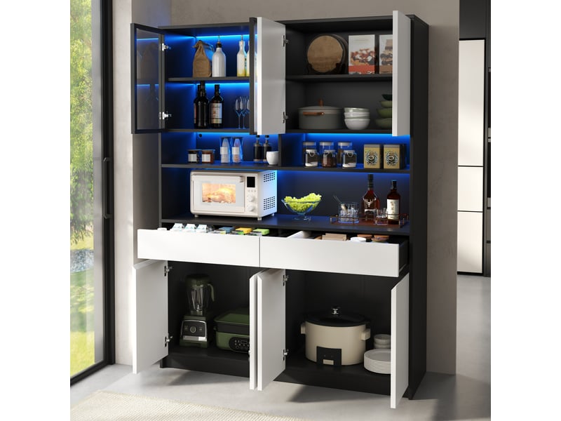  Buffet haut 120x38x160 cm noir et blanc mdf avec éclairage led et portes vitrées rangement et tiroirs Sol Morn - Conforama D