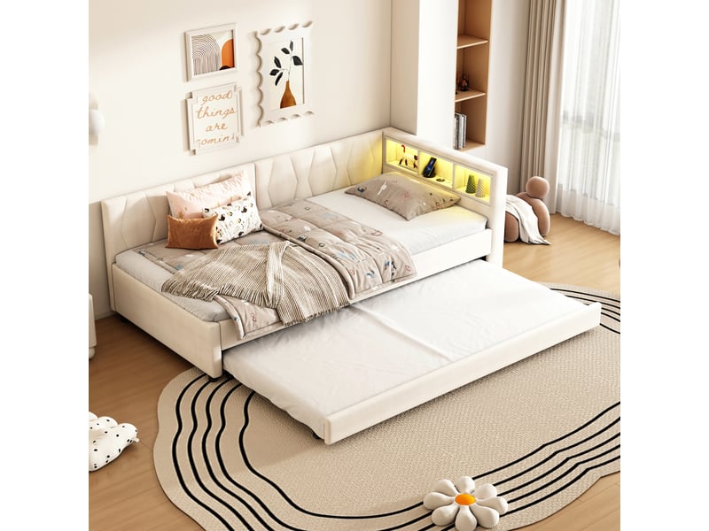 Lit enfant 90x200 cm (gigogne 90x190 cm) gain de place led couleur usb et type‑c rangements lin mdf beige sans matelas - Conforama W