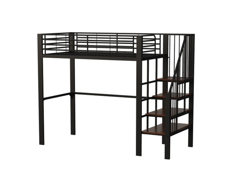 Lit mezzanine 90x200 cm avec espace de rangement spacieux sous le lit et les escaliers, sans matelas, en métal et bois, noir  - Conforama E