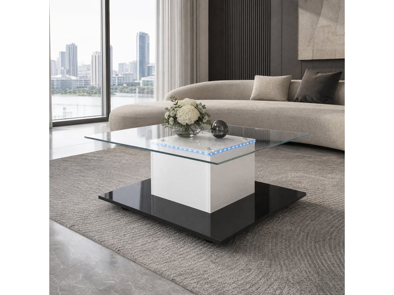 Table basse en verre trempé avec led et roulettes pour salon 80×80×40 cm en panneaux de particules blanc noir - Conforama B