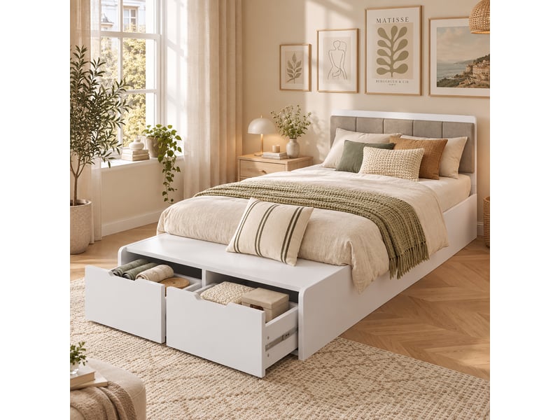  Lit simple 90x200 cm pour enfant et adolescent, bois blanc, tête de lit rembourrée, banquette au pied, 2 tiroirs de rangement intégrés  - Conforama B