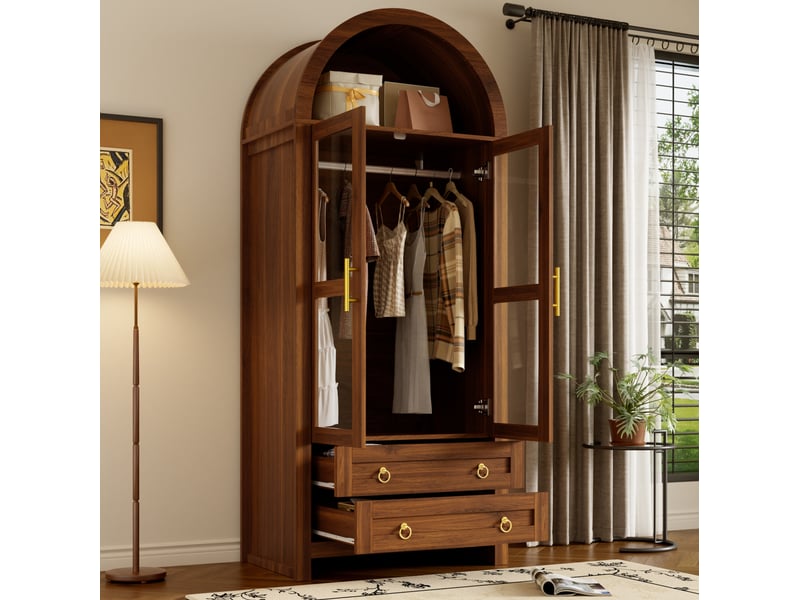  Armoire 76x50x185 cm à 2 portes vitrées, 2 tiroirs et led, finition noyer  - Conforama B