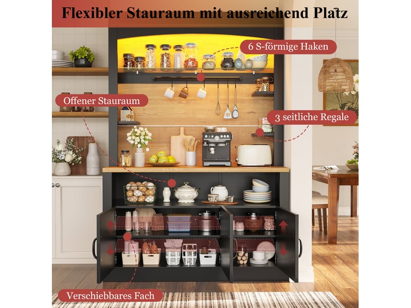 Buffet de cuisine haut en lot de 2 avec 6 portes et 6 étagères latérales, 12 crochets et éclairage led, en mdf noir - Conforama E