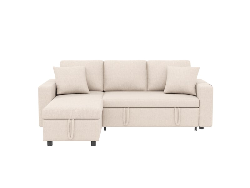 Canapé d'angle convertible 3-4 places en tissu effet lin beige avec coffre et méridienne réversible - Conforama A