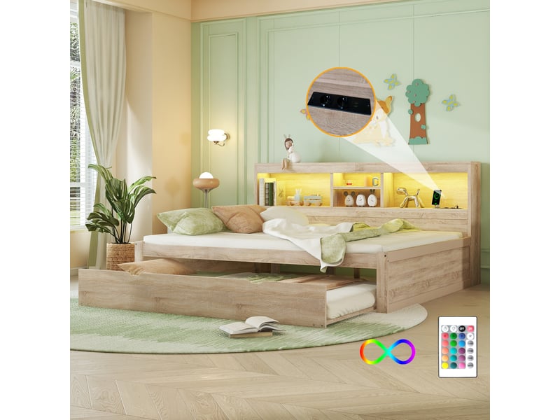 Lit banquette 140x200 avec lit gigogne 90x190, éclairage led, prises usb et rangement, bois naturel  - Conforama D