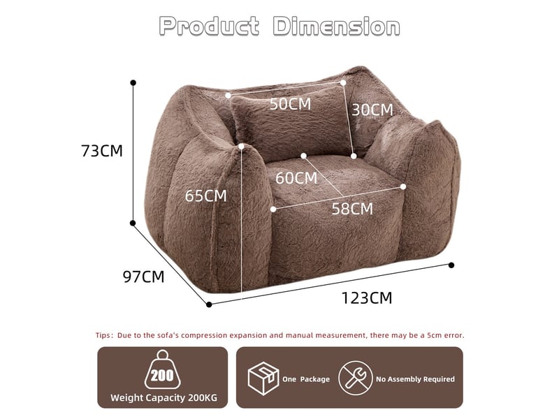  Fauteuil poire 1 place - 123x97x73cm - avec oreiller de confort - pouf géant en fourrure synthétique kaki  - Conforama E