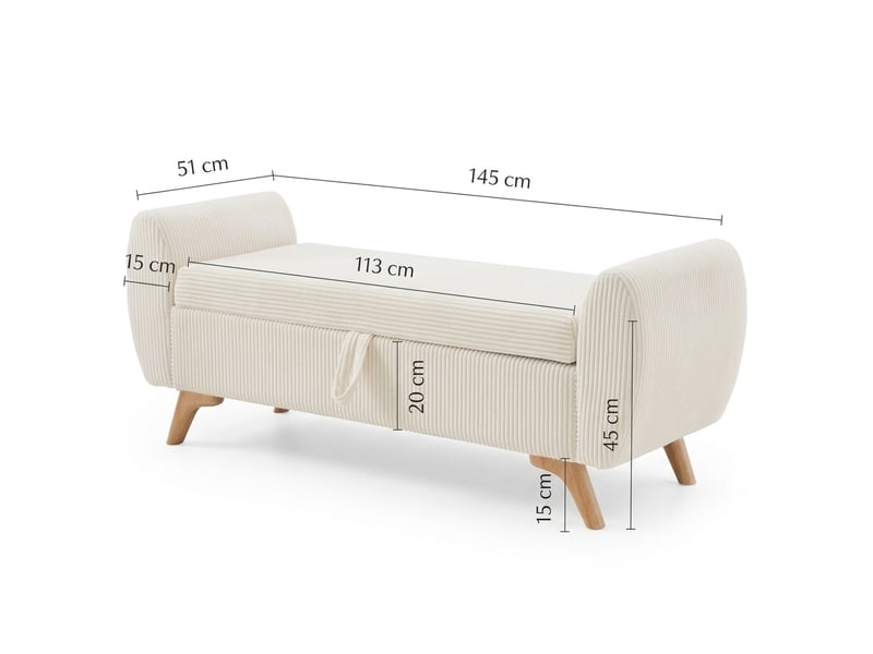  Banc de rangement beige 145 cm en velours côtelé avec coffre pliable et pieds en bois  - Conforama C