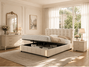 Lit coffre 140x200cm - lit 2 places - avec led - velours - beige, sommier à lattes (matelas non inclus)