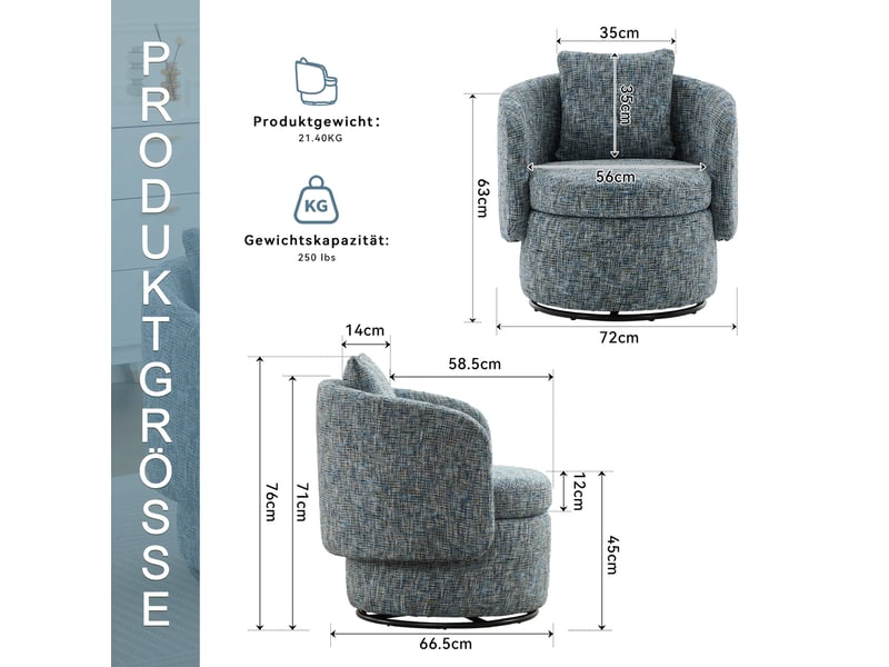 Fauteuil pivotant 360° avec rangement caché et coussin de dossier rembourré en chenille bleu, 72 × 66,5 × 76 cm - Conforama D