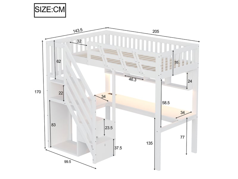  Lit mezzanine enfant 90x200 cm - escalier avec rangements, bureau intégré, prise usb et éclairage led - bois massif - blanc  - Conforama E